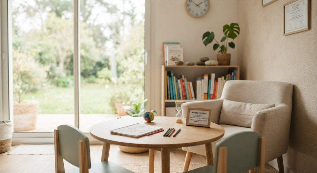 Vue intérieure du cabinet de sophrologie à La Rochelle, aménagé avec un espace d'accompagnement bienveillant pour enfants et adolescents TND, TDAH et DYS.